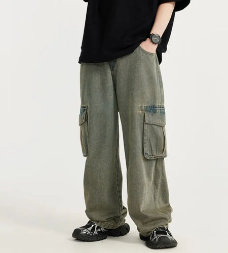 High Street Men's Denim Pants Three-dimensional Big Pockets Worn-out Washed Casual Straight Wide Leg Male Jeans 9C8684