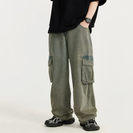 High Street Men's Denim Pants Three-dimensional Big Pockets Worn-out Washed Casual Straight Wide Leg Male Jeans 9C8684