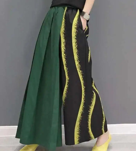 Women Green Striped Color-block Wide Leg Pants High Elastic Waist New Loose Trousers Fashion Spring Autumn 2025 1DF9205