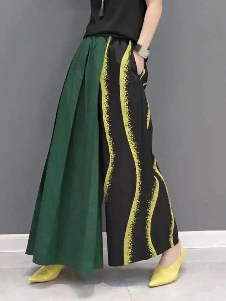 Women Green Striped Color-block Wide Leg Pants High Elastic Waist New Loose Trousers Fashion Spring Autumn 2025 1DF9205