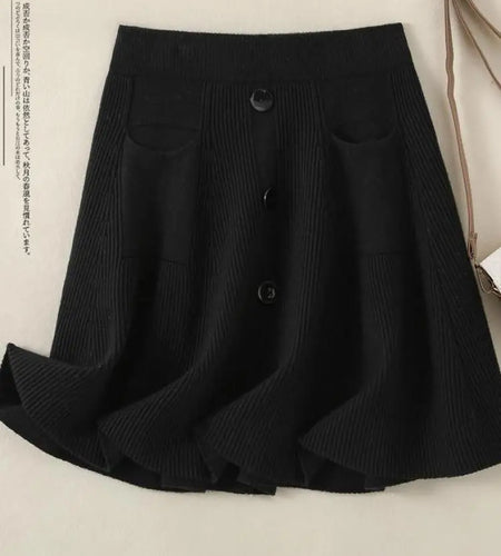 Autumn Winter Solid Slim Single Breasted Knitted Mini Pleated Skirts Women's Elastic High Waist A-line Short Skirt Sexy Club New