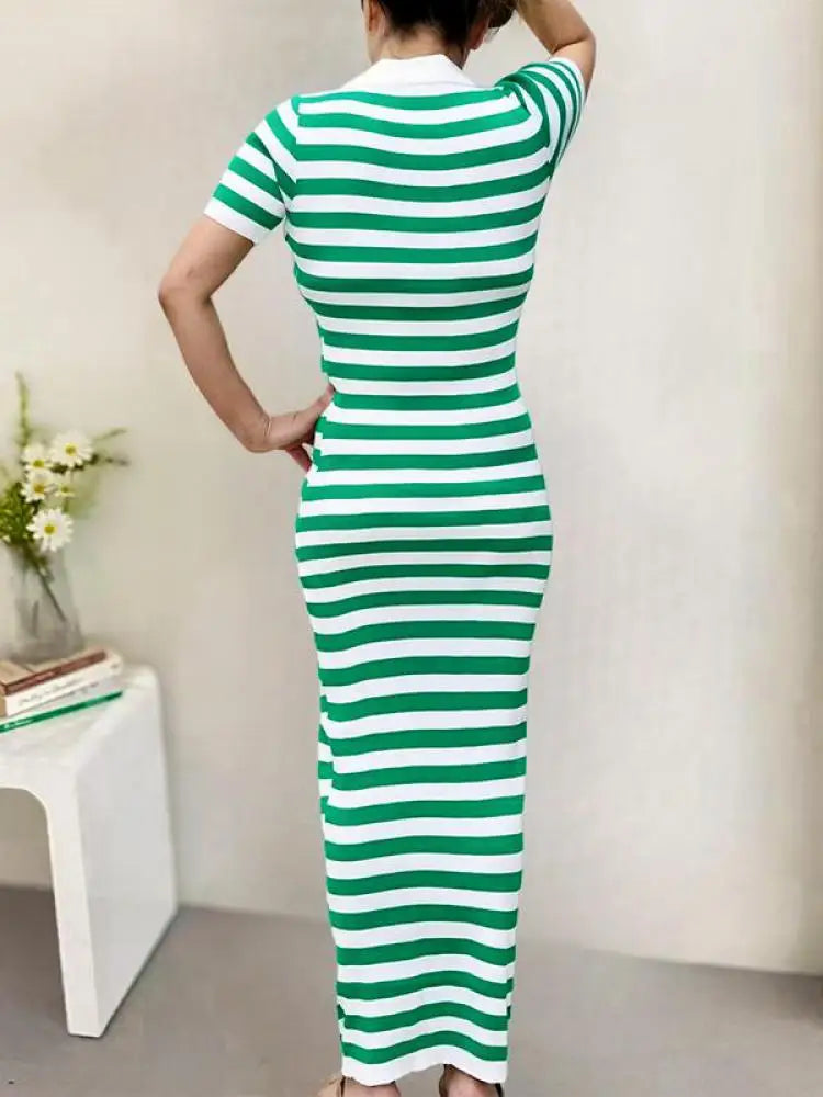 Korean Fashion Black Green Rose Red Stripe Patchwork Knitted Long Dress Women Summer Elegant Slim Short Sleeve Split Dress Trend
