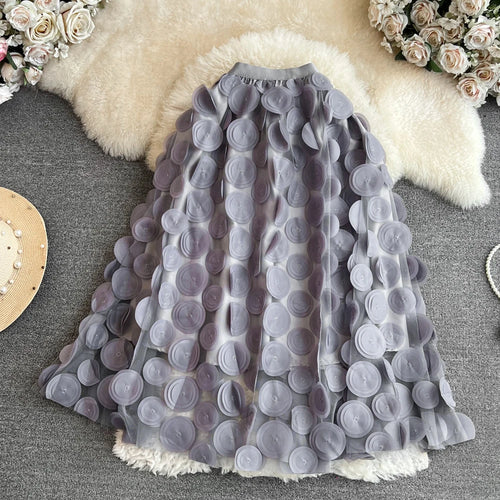 Load image into Gallery viewer, Solid 3d Flower Mesh Splicing Round Polka Dots Casual Skirt Spring Autumn Women Elastic High Waist Midi Skirt Kroean Style Trend
