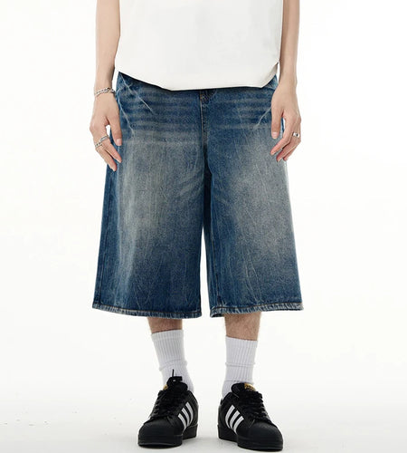 Wide Leg Men's Short Jeans American Washed Lightning Pattern Male Denim Shorts Loose Chic Men Bottoms Summer 9W1474