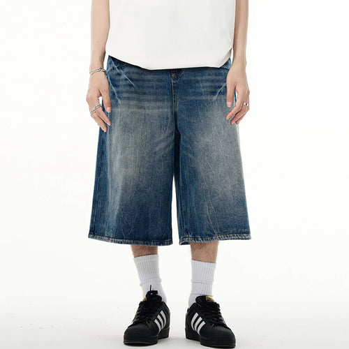 Load image into Gallery viewer, Wide Leg Men&#39;s Short Jeans American Washed Lightning Pattern Male Denim Shorts Loose Chic Men Bottoms Summer 9W1474
