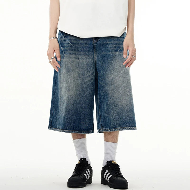 Wide Leg Men's Short Jeans American Washed Lightning Pattern Male Denim Shorts Loose Chic Men Bottoms Summer 9W1474