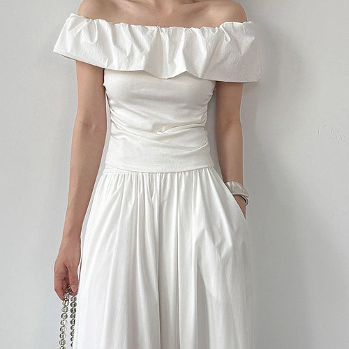 Load image into Gallery viewer, Women White pink Color Ruffles Elegant Slim T-shirt New Slash Neck Short Sleeve Fashion Tide Spring Summer 2025 1DJ1726
