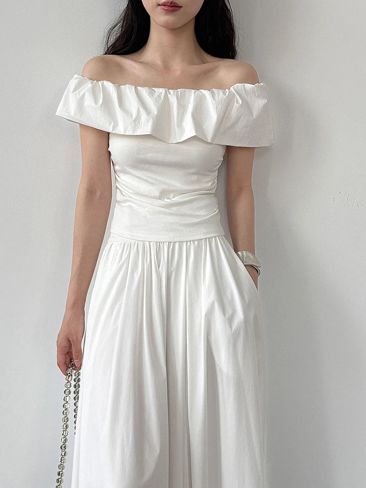 Women White pink Color Ruffles Elegant Slim T-shirt New Slash Neck Short Sleeve Fashion Tide Spring Summer 2025 1DJ1726