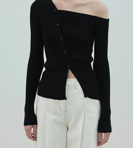 Autumn Knitted Slash Neck Off Shoulder T-shirts Slim Single Breasted Slim Fit Tops Women Black Sexy Y2k Aesthetic Grunge Tees