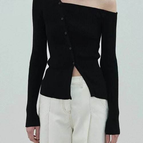 Load image into Gallery viewer, Autumn Knitted Slash Neck Off Shoulder T-shirts Slim Single Breasted Slim Fit Tops Women Black Sexy Y2k Aesthetic Grunge Tees
