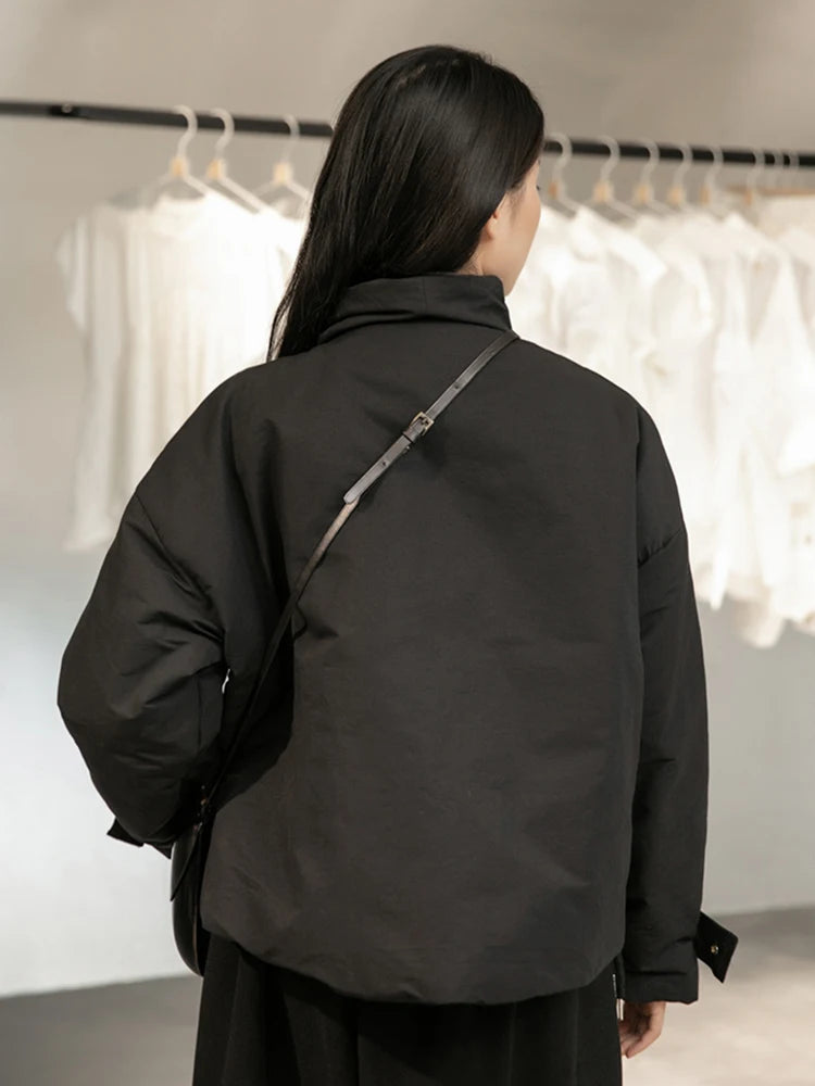 Black Warm Short Stand Collar Cotton-padded Coat Long Sleeve Loose Fit Women Parkas Fashion New Autumn Winter 2025 1DD1637