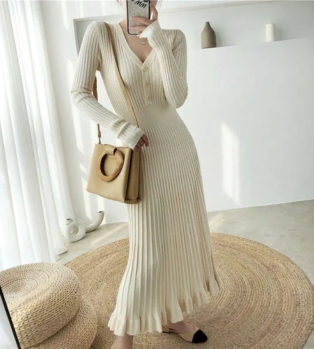 Elegant Knitted Long Dress Women Flare Sleelve V Neck Ruffles Single Breasted Bodycon Dresses Party Fashion Office Lady Vestidos