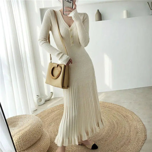 Load image into Gallery viewer, Elegant Knitted Long Dress Women Flare Sleelve V Neck Ruffles Single Breasted Bodycon Dresses Party Fashion Office Lady Vestidos
