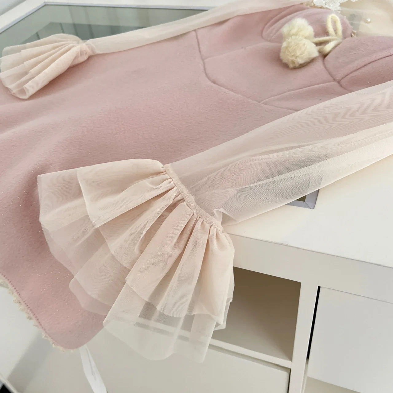 Korean Fashion Vintage 2025 Spring Elegant Two Pieces Set Women Beige Mesh Pearl Long Sleeved Tops + Pink Short Slip Dress Trend