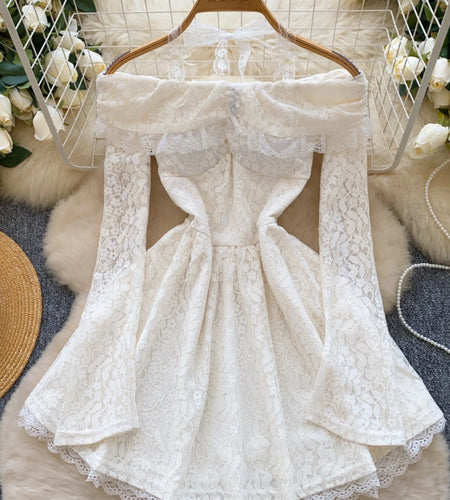 Vintage Women White Lace Elegant Off Shoulder Halter Lace-up Pleated Short Dress Spring High Waist Sexy Party Dress Popular Chic
