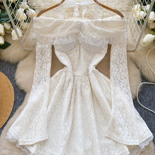 Load image into Gallery viewer, Vintage Women White Lace Elegant Off Shoulder Halter Lace-up Pleated Short Dress Spring High Waist Sexy Party Dress Popular Chic
