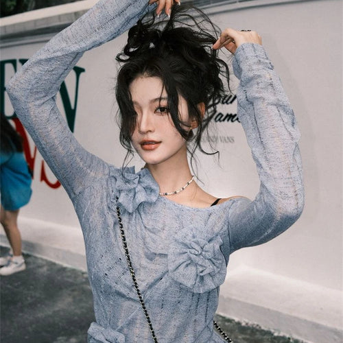 Load image into Gallery viewer, Autumn Sweet Solid 3D Flower Women's T-Shirt  New Knitted Streetwear Bottoming Tshirts Y2k Aesthetic Slash Neck Tee Shirts
