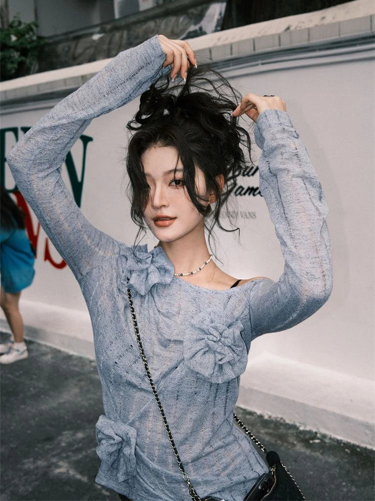 Autumn Sweet Solid 3D Flower Women's T-Shirt  New Knitted Streetwear Bottoming Tshirts Y2k Aesthetic Slash Neck Tee Shirts