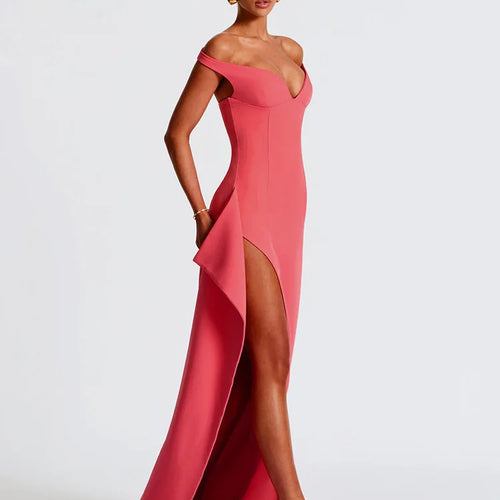 Load image into Gallery viewer, Off-shoulder Backless Split Sexy Maxi Dress Women Gown Pink Summer New Zipper Strapless Evening Club Party Long Dress
