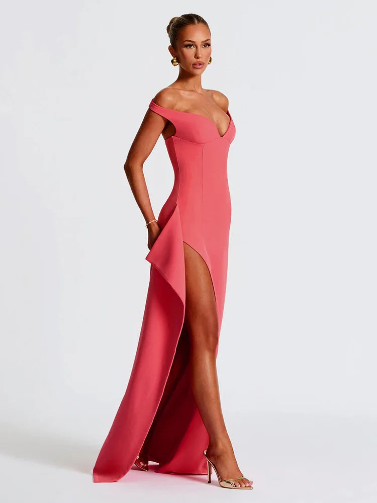 Off-shoulder Backless Split Sexy Maxi Dress Women Gown Pink Summer New Zipper Strapless Evening Club Party Long Dress
