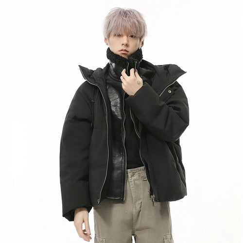 Load image into Gallery viewer, Niche Design Men&#39;s Down Jackets Fake Two-piece Hooded Stand Collar Solid Color Drawstring Casual Short Male Coats 9C9327
