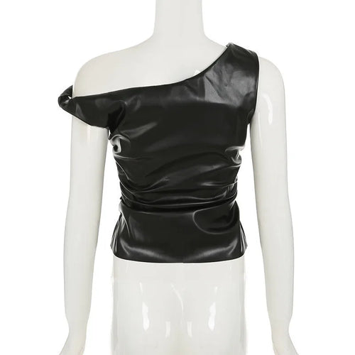 Load image into Gallery viewer, Ruched PU Leather Sexy Tank Tops For Women Fashion Oblique Shoulder Sleeveless Backless Skinny Crop Tops Elegant
