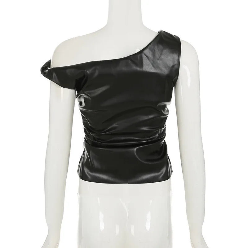 Ruched PU Leather Sexy Tank Tops For Women Fashion Oblique Shoulder Sleeveless Backless Skinny Crop Tops Elegant