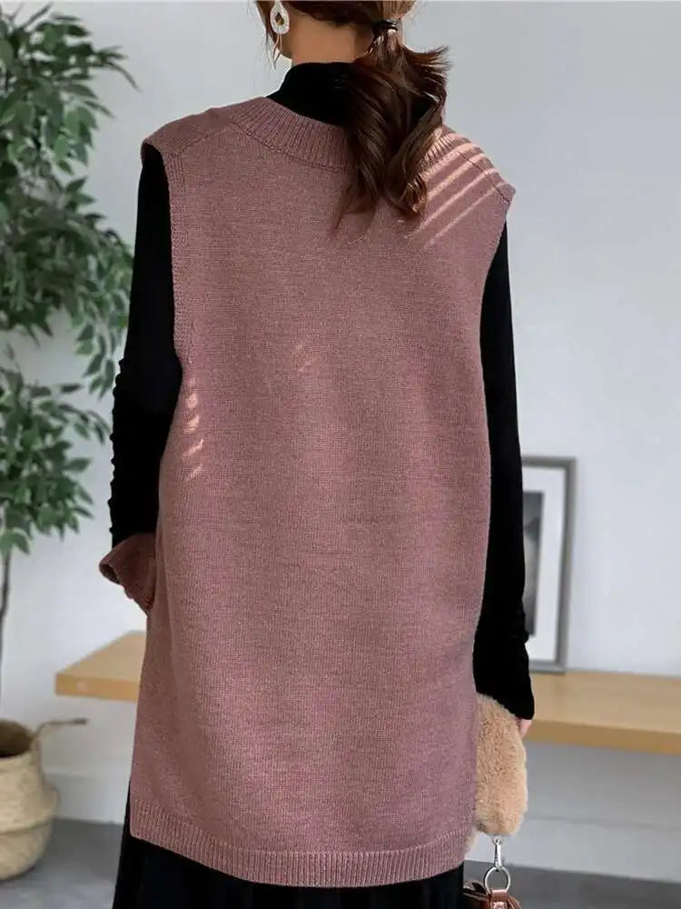 Coffee Color Big Size Knitting Sweater Loose Fit V-Neck Sleeveless Women Pullovers New Fashion Autumn Winter 2025 1Y21116