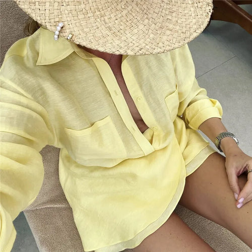 Load image into Gallery viewer, Summer Beach Two Piece Sets Women Long Sleeve Shirt And Mini Skirt Female See Through Loose 2 Piece Set Beachwear

