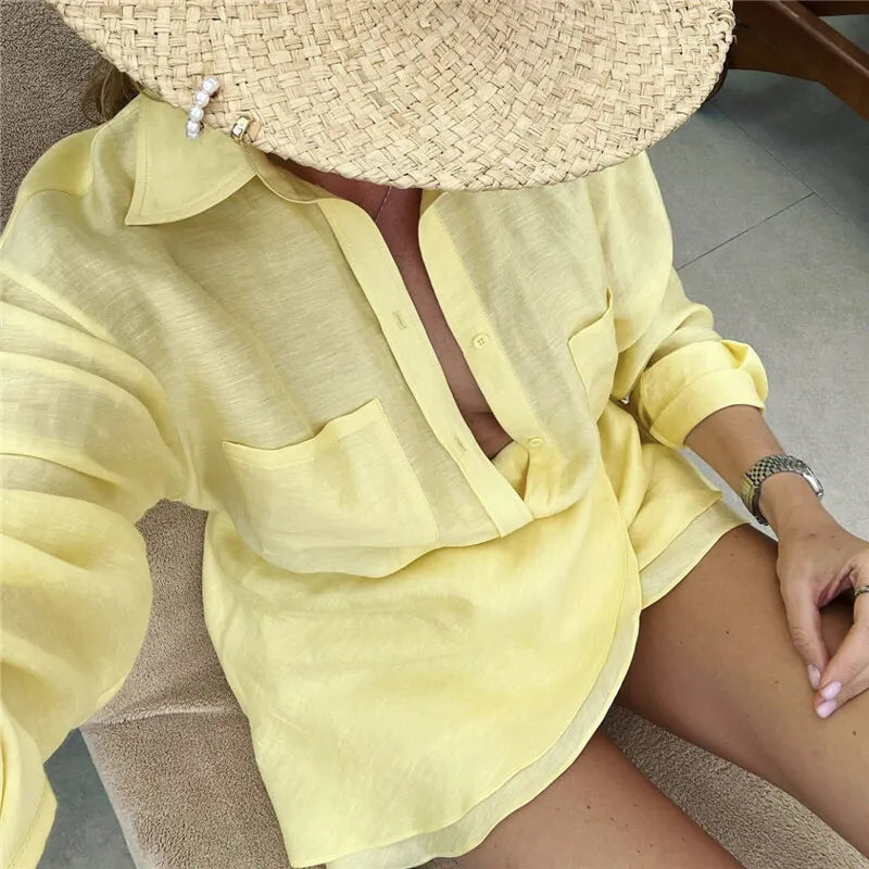 Summer Beach Two Piece Sets Women Long Sleeve Shirt And Mini Skirt Female See Through Loose 2 Piece Set Beachwear