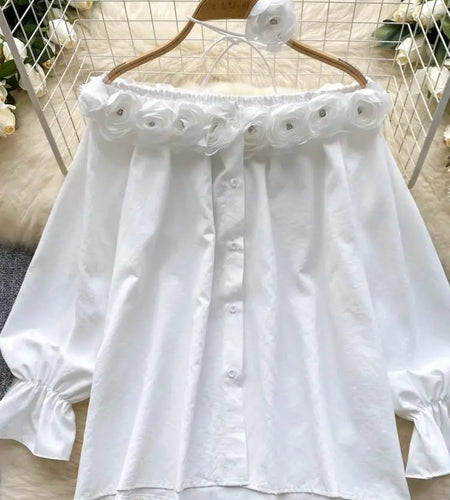 Autumn Korean Fashion Solid Diamond Floral Decoration Shirt Women Long Sleeves Off Shoulder Top Versatile Single Breasted Blouse