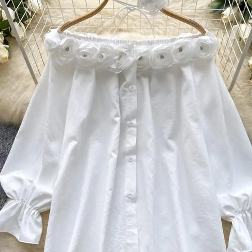 Load image into Gallery viewer, Autumn Korean Fashion Solid Diamond Floral Decoration Shirt Women Long Sleeves Off Shoulder Top Versatile Single Breasted Blouse
