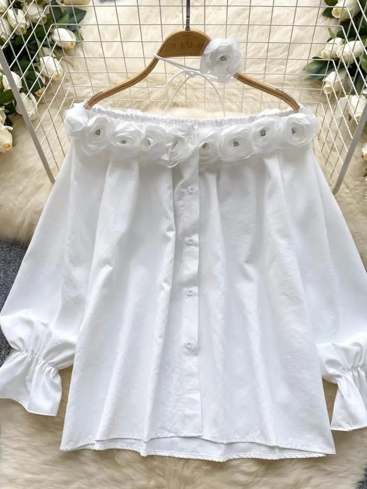 Autumn Korean Fashion Solid Diamond Floral Decoration Shirt Women Long Sleeves Off Shoulder Top Versatile Single Breasted Blouse