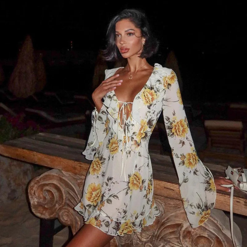 Sexy Long Sleeve Flower Deep V-neck Print Backless Mini Dress For Women Slim Lace-Up Club Party Dress Ladies Outfits