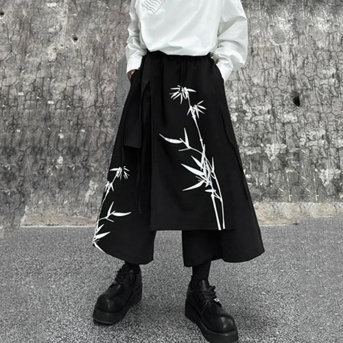 Load image into Gallery viewer, Chinese Style Men&#39;s Wide Leg Pants Bamboo Printing Personality Irregular Eighth Pants Strap Design Fahsion 9C5731
