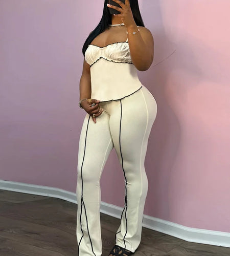 Simple Patchwork Stripe Women 2Piece Set Casual Ruched Edging Camisole+Flare Pants Matching Street Stretch Casual Outfits