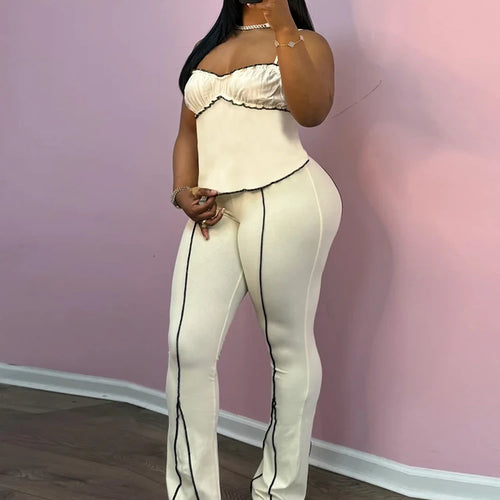 Load image into Gallery viewer, Simple Patchwork Stripe Women 2Piece Set Casual Ruched Edging Camisole+Flare Pants Matching Street Stretch Casual Outfits
