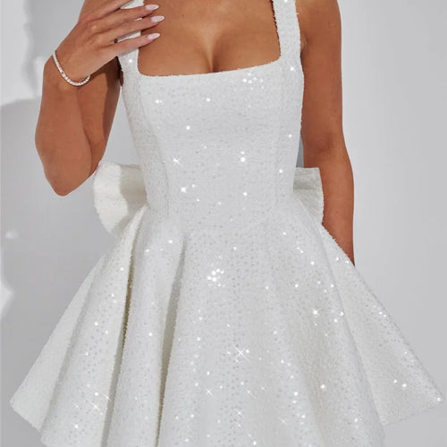 Load image into Gallery viewer, Sequins Bow Backless Sexy Mini Dress For Women Robe Fashion Square Collar Sleeveless High Waist A-line Club Dress
