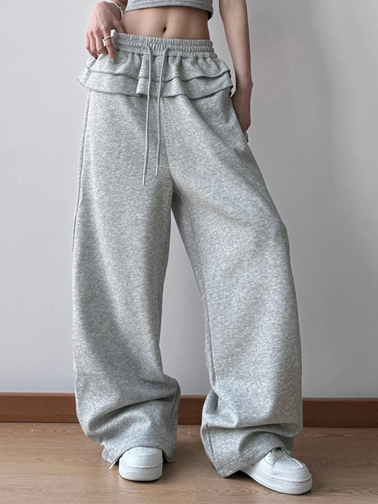 High Elastic Waist Gray Ruffles Drawstring Wide Leg Pants New Trousers Women Fashion Tide Spring Autumn 2025 1DH9617
