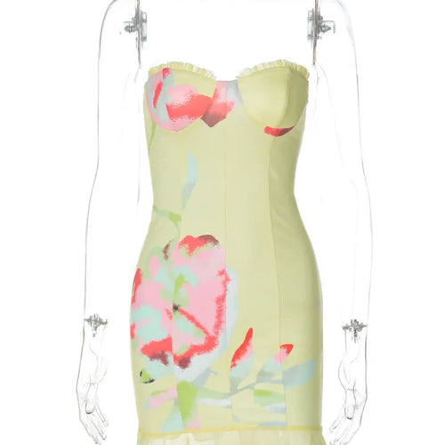 Load image into Gallery viewer, Off-shoulder Strapless Sexy Mini Dress For Women Robe Yellow Sleeveless Backless Ruffled Printed Club Dress Vestido
