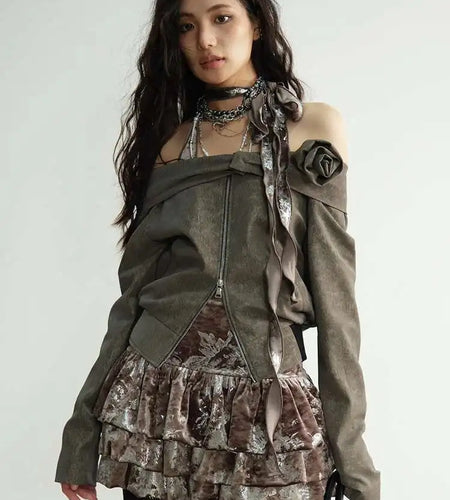 Coffee Three-dimensional Flower Elegant Jacket New Slash Neck Long Sleeve Women Coat Fashion Spring Autumn 2025 1DH8263