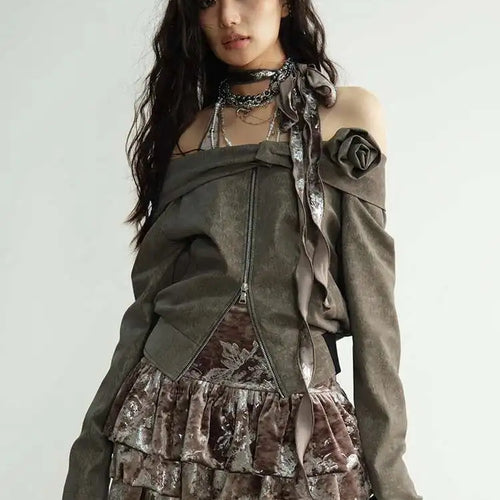 Load image into Gallery viewer, Coffee Three-dimensional Flower Elegant Jacket New Slash Neck Long Sleeve Women Coat Fashion Spring Autumn 2025 1DH8263
