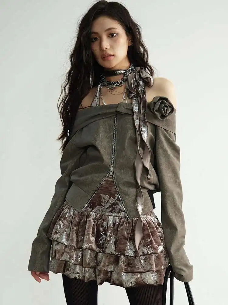 Coffee Three-dimensional Flower Elegant Jacket New Slash Neck Long Sleeve Women Coat Fashion Spring Autumn 2025 1DH8263