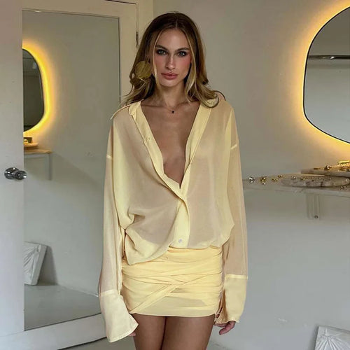 Load image into Gallery viewer, Sexy Long Sleeve Turn-down Colla Bag Hip Strap Shirt Dress For Women See Through Patchwork High Waist Dress Streetwear
