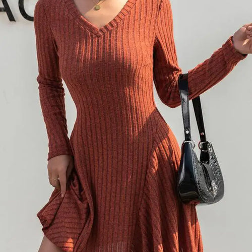 Load image into Gallery viewer, Autumn Winter Korean Trend Orange V Neck Sexy Elegant Slim Long Sleeve Short Dress Women Retro Knitted Mini Dress Popular Casual

