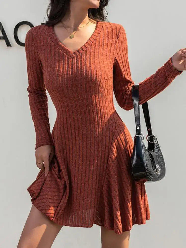 Autumn Winter Korean Trend Orange V Neck Sexy Elegant Slim Long Sleeve Short Dress Women Retro Knitted Mini Dress Popular Casual