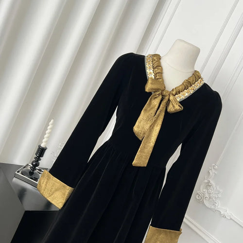 Load image into Gallery viewer, French Fashion Retro Women Black Velvet Patchwork V-neck Bow Slim Dress Autumn Winter Long Sleeved High Waist Pleated Dress Chic
