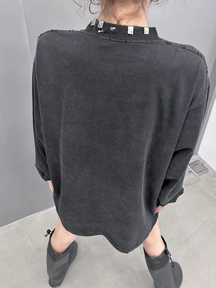 Solid Patchwork Metal Ring Loose Pullover Sweatshirts For Women Round Neck Long Sleeve Casual Sweatshirt Female New