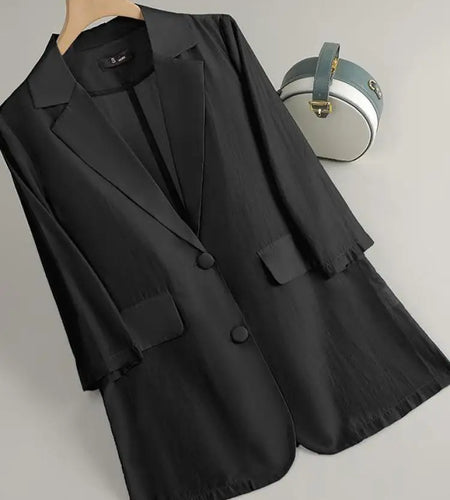 Korean Women Solid Temperament Single Breasted Seven Quarter Sleeve Blazer Coat 2025 Summer Office Lady Sun Protection Tops Chic