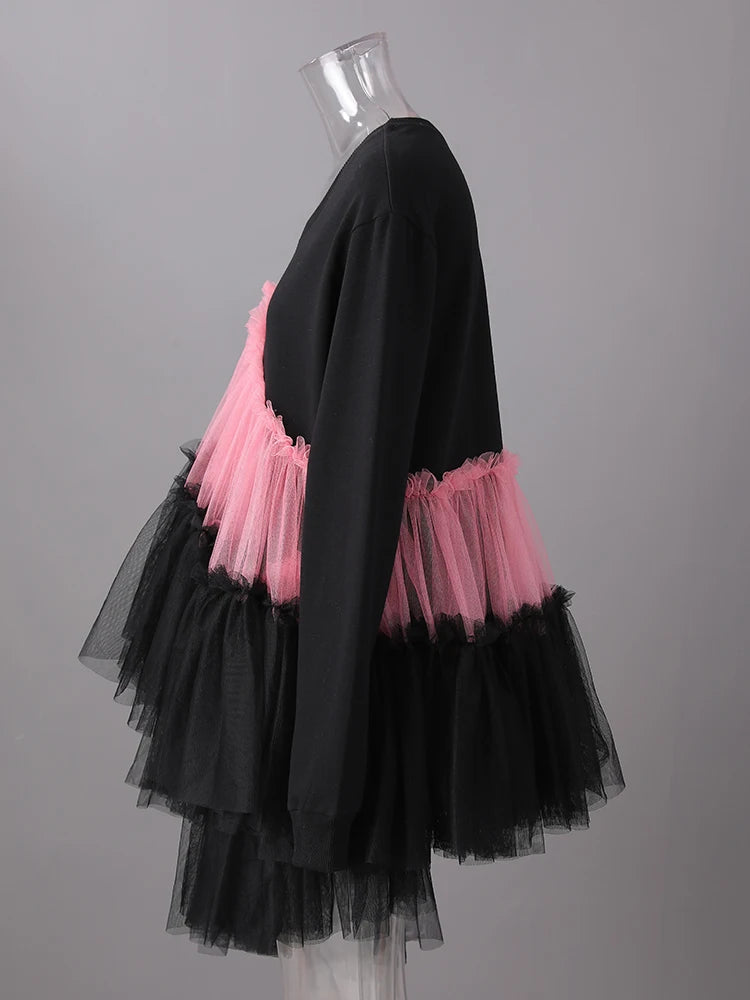 Women Balck Mesh Ruffles Irregular Big Size Mini Dress New Round Neck Long Sleeve Fashion Tide Spring Autumn 2025 CPG3045